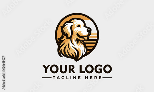 Golden Retriever logo design, profile view, sunset backdrop, circular frame.