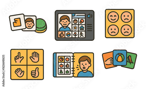 Children's Communication Tools. Flat vector mini-illustrations of communication aids for kids in colors