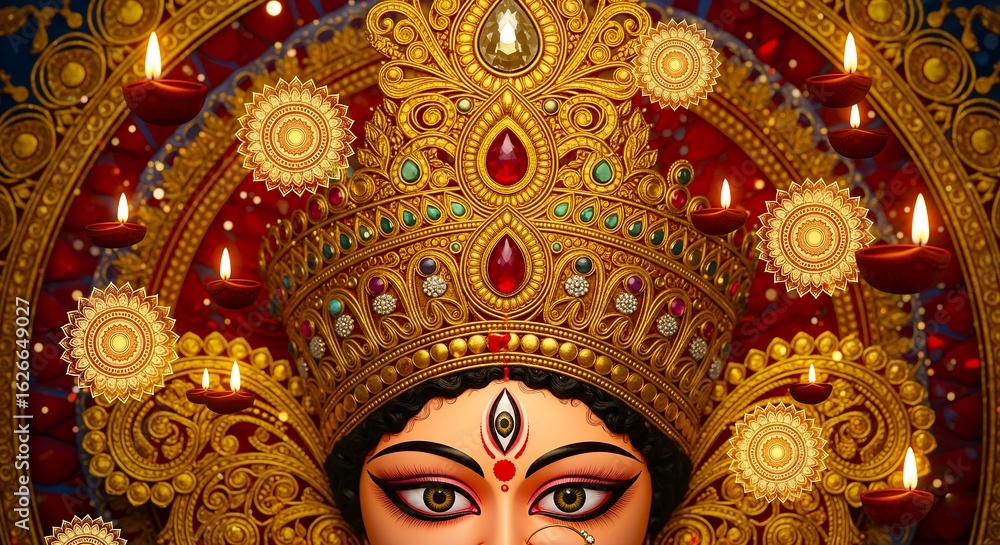 Fototapeta premium Close-up of Goddess Durga's face with a vibrant, decorated crown, surrounded by glowing diyas and festive golden decorations.