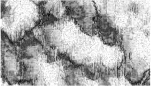 Abstract pixelated glitch texture with grainy bitmap overlay. Vintage dithered halftone design for manga and retro games. Digital distressed art with splatter and brushstroke effects, duotone style