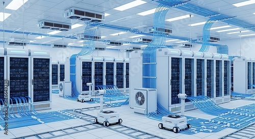 Modern Data Center with Servers, Cooling Systems, and Autonomous Robots