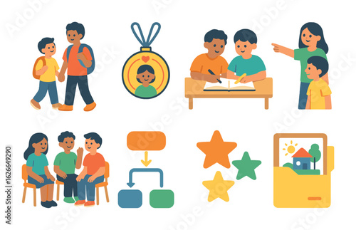 School Mentorship Icons. Flat vector mini-illustrations school mentorship programs in colors children's