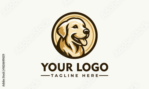 A golden retriever dog logo design, smiling with tongue out, inside a circular frame.