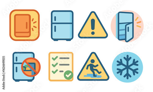 Fridge Safety Icons. Flat vector mini-illustrations fridge door warnings and signs in colors children's