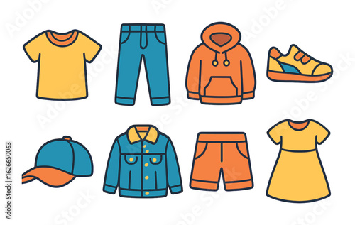 Kids' Casual Wear Icons. Flat vector mini-illustrations casual wear and everyday outfits in colors children's