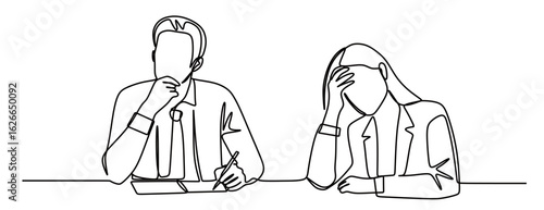 Continuous line art of a man and woman who are stressed and tired of their work. The concept of a tiring job