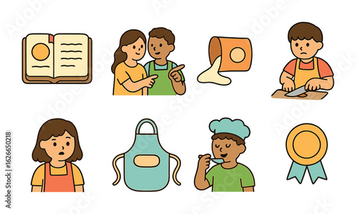 Cooking Together Icons. Flat vector mini-illustrations learning to cook together in colors children's