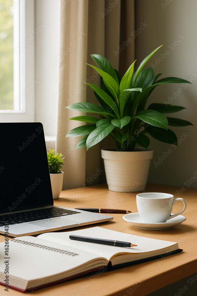 Fototapeta premium Minimalist Home Office Workspace with Laptop, Coffee and Green Plant
