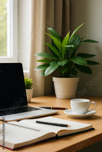 Minimalist Home Office Workspace with Laptop, Coffee and Green Plant
