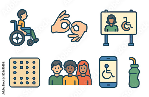 Inclusive Design Icons. Flat vector mini-illustrations disability-inclusive advertising in colors children's