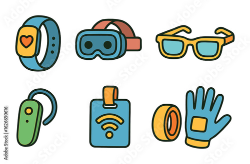Wearable Tech Icons. Flat vector mini-illustrations wearable tech in colors children's illustrations: fitness