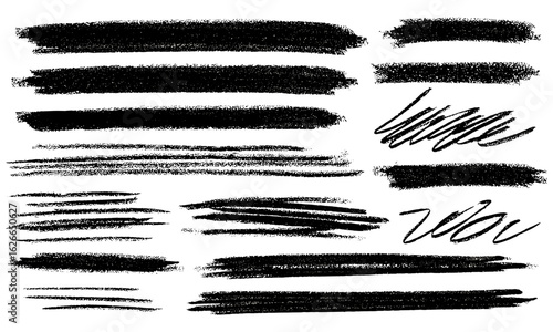 Bold rough charcoal hand-drawn marker brushstrokes with grunge scribbles and freehand crayon stripes. Vector illustration of textured paint shapes, horizontal underline, and artistic scrawl