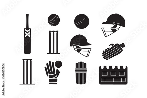 Collection of black and white cricket equipment icons on a white background