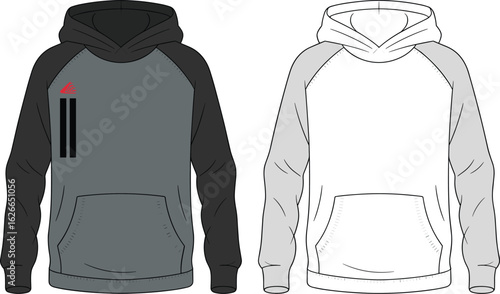 Hooded sweatshirt mockup set, dark gray and white hoodies, front pocket design, fashion vector illustration, casual wear template, stylish apparel sketch