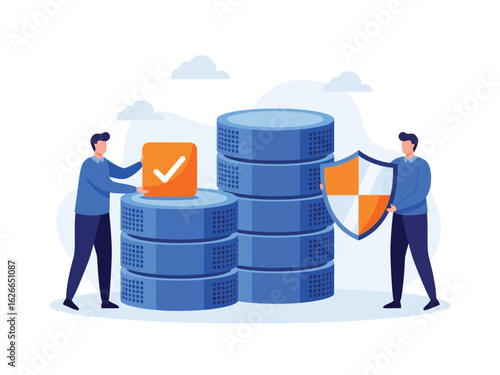 Two IT specialists manage and protect database servers with a checkmark for validation and a shield for security.