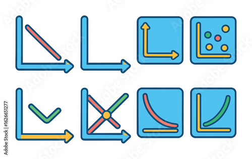 Kids' Colorful Graph Icons. Flat vector mini-illustrations Price vs. quantity graphs in colors children's