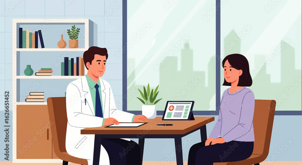 Male doctor and female patient during a medical consultation in an office. Healthcare professional explaining treatment on a tablet. Male doctor and female patient during a medical consultation in an office. Healthcare professional explaining treatment on a tablet.