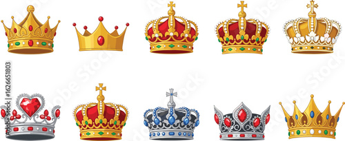 Royal crown vector set, gold and silver crowns, jewel-encrusted headwear, regal illustration pack, monarchy symbols, ornate crown designs, luxury icons