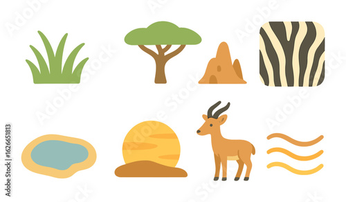 Savannah Icon Set. Flat vector mini-illustrations Savannah biome in colors children's illustrations: tall