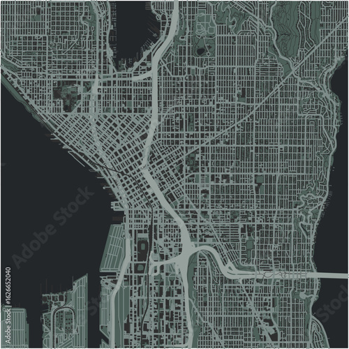 Map of Seattle Center in Washington in a smooth dark style. Contains layered vector with roads water, parks, etc.