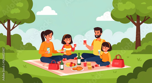 Happy family enjoying a summer picnic in the park, a concept of togetherness and outdoor leisure.