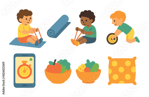 Kids' Exercise Essentials. Flat vector mini-illustrations Core training using resistance bands in colors