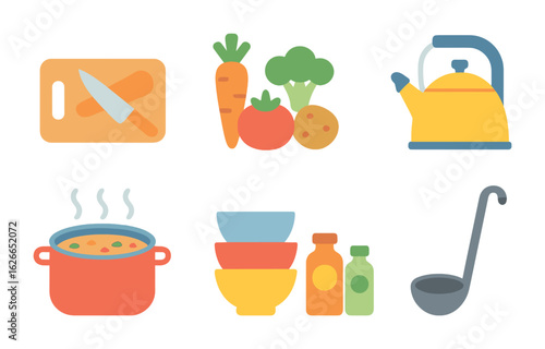 Soup Day Prep. Flat vector mini-illustrations Kitchen counter prep for soup day in colors children's
