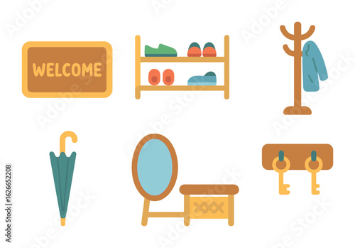 Entryway Essentials Icons. Flat vector mini-illustrations Rugs to define entryway spaces in colors children's