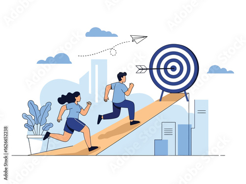 A man and woman run up an inclined ramp towards a large bullseye target with an arrow in its center.