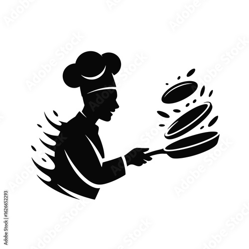 Chef flipping pancakes in a pan silhouette isolated on white background