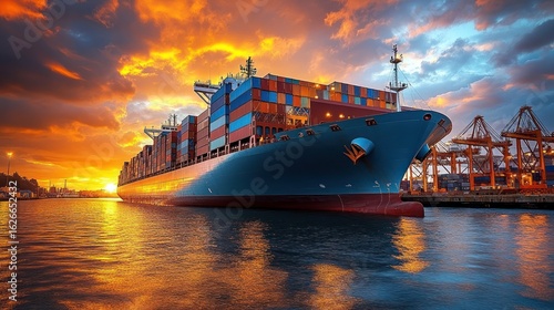 Container ship at sunset in port