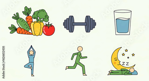 Healthy lifestyle icons set illustrating nutrition, fitness, and rest. A concept of well-being, balance, and daily self-care habits.