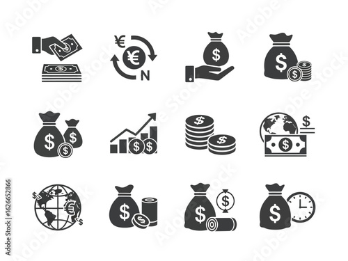 A set of monochrome financial icons representing money, currency exchange, savings, investment, and global business concepts.