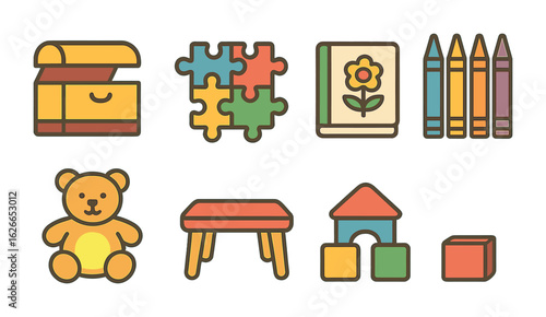 Basement Playroom Icons. Flat vector mini-illustrations Basement playroom setup in colors children's