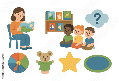 Classroom Storytime Icons. Flat vector mini-illustrations Storytelling in the classroom in colors children's