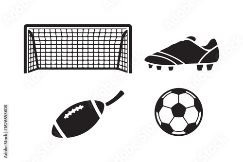 Collection of sports icons including soccer goal cleats football and soccer ball