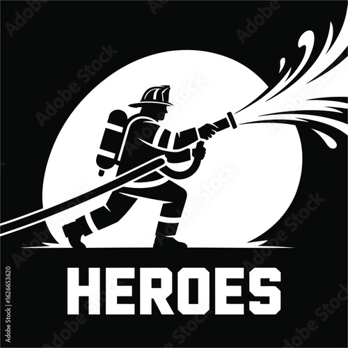 Firefighter silhouette spraying water isolated on white background