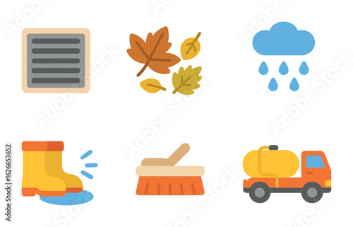 Storm Drain Maintenance Icons. Flat vector mini-illustrations Storm drain maintenance in colors children's