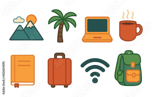 Nomadic Workspace Icons. Flat vector mini-illustrations inspiring nomadic workspaces in colors children's