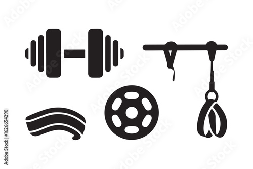 Collection of black silhouette gym equipment icons on white background