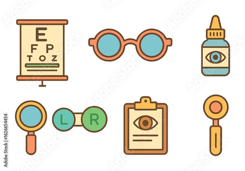 Children's Eye Exam Icons. Flat vector mini-illustrations eye examination in colors children's illustrations: