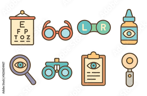 Children's Eye Exam Icons. Flat vector mini-illustrations eye examination in colors children's illustrations: