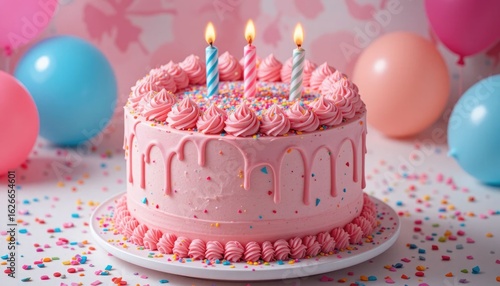 A pink birthday cake adorned with confetti and balloons