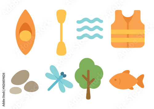 Kayaking Adventure Icons. Flat vector mini-illustrations kayaking near riverbanks in colors children's