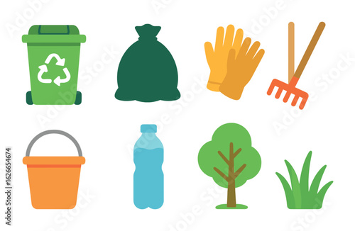 Clean Riverbank Icons. Flat vector mini-illustrations clean riverbank environment in colors children's