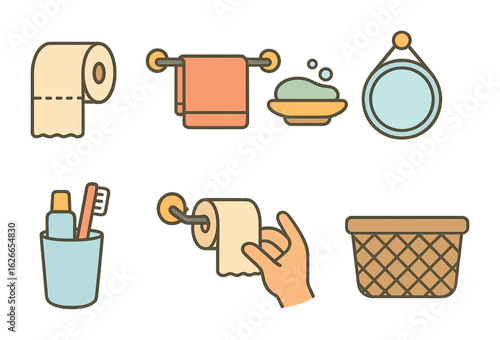 Children's Bathroom Icons. Flat vector mini-illustrations bathroom organization in colors children's