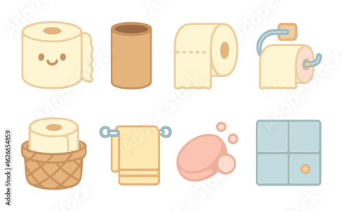 Bathroom Essentials Icons. Flat vector mini-illustrations toilet paper types in colors children's