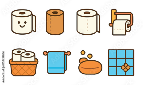 Bathroom Essentials Icons. Flat vector mini-illustrations toilet paper types in colors children's