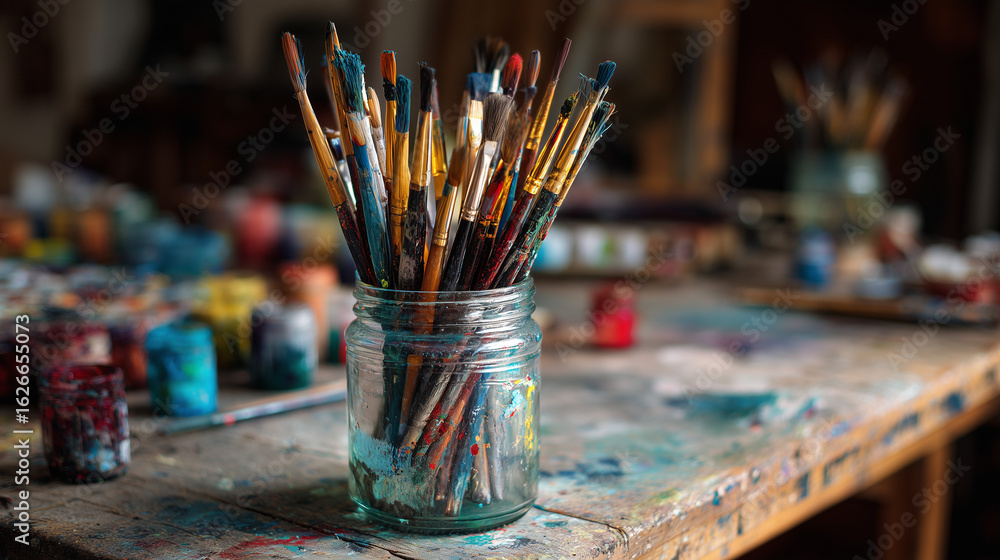 Fototapeta premium Paint brushes in water jar on art table