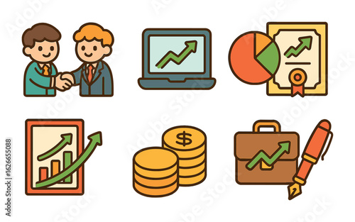 Playful Stock Market Icons. Flat vector mini-illustrations stock brokers in colors children's illustrations: